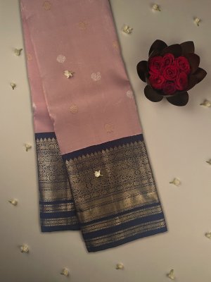 Handwoven Pink Kanjeevaram Silk Saree With Navy Blue Border