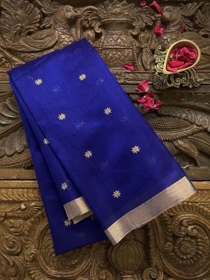 Ink Blue Chanderi Silk Blouse With Gold Zari Floral Motifs