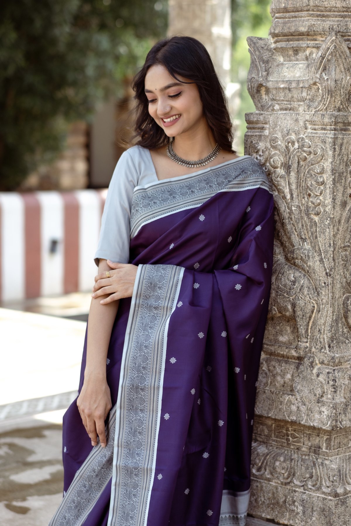 Handwoven Purple Kanjeevaram Silk Saree With Grey Border Tulsi Weaves