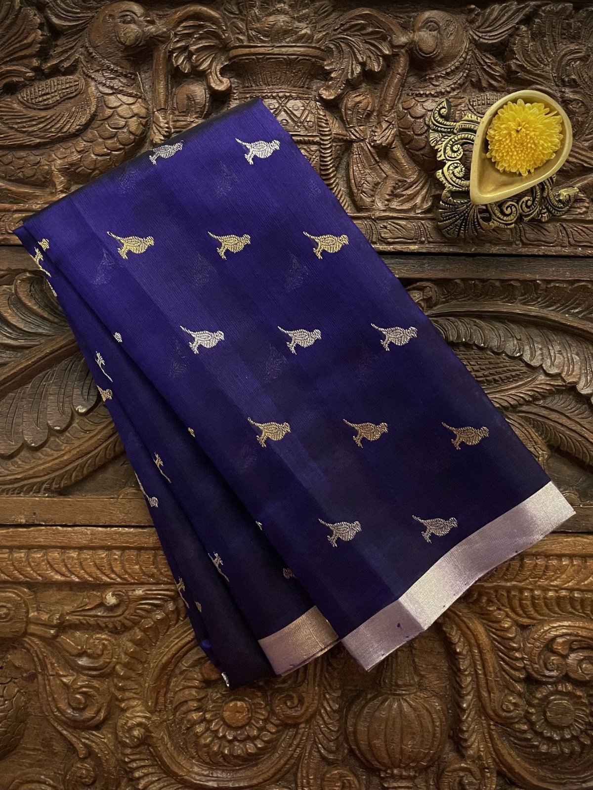 Deep Blue Chanderi Silk Blouse With Gold And Silver Zari Bird Motifs