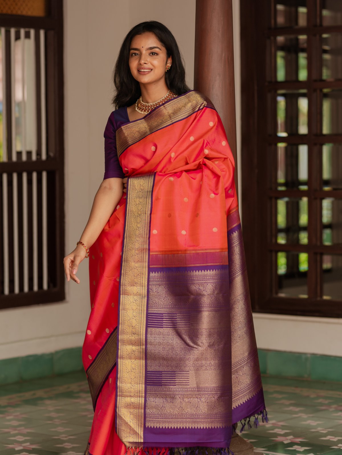 Orangish Pink Kanjeevaram Silk Saree With Violet Border Tulsi Weaves