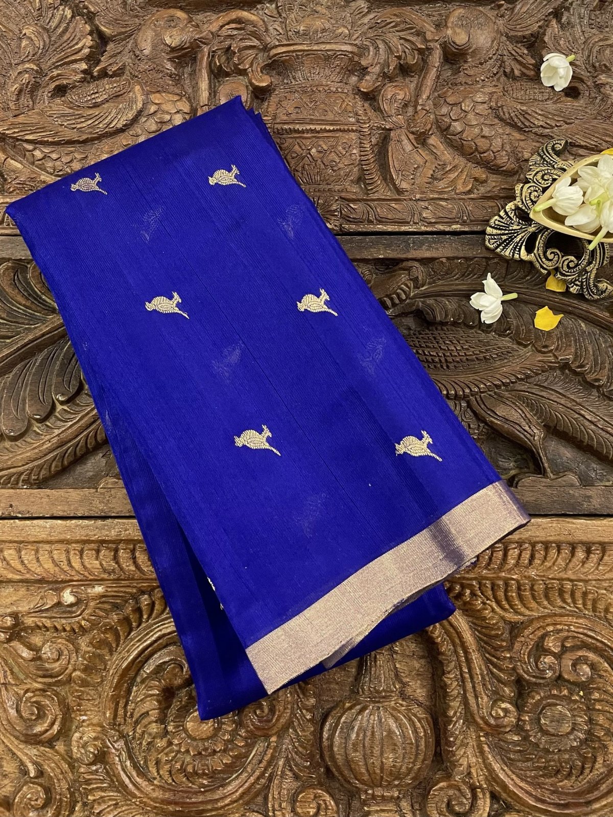 Royal Blue Chanderi Silk Blouse With Gold Zari Bird Motifs