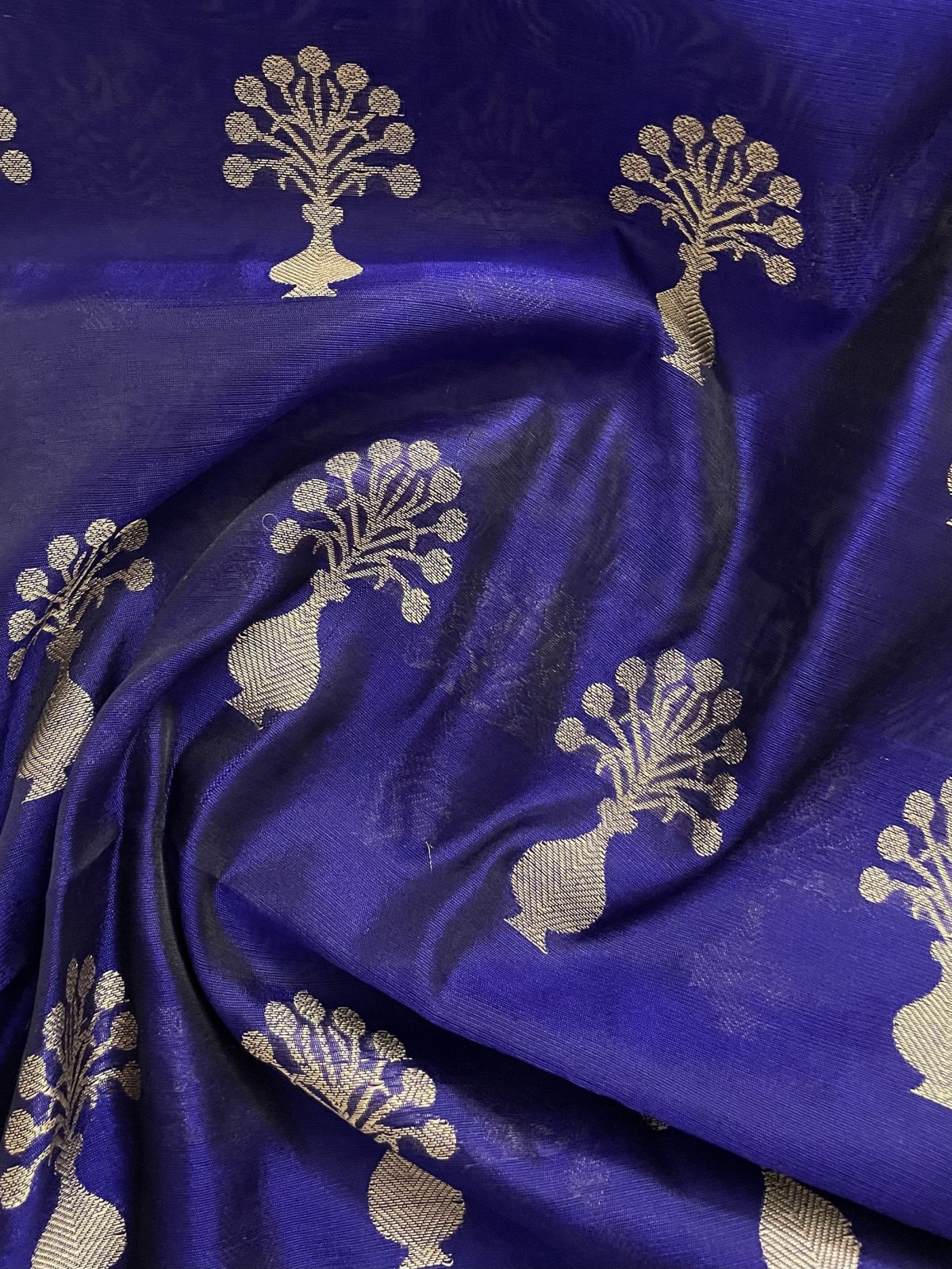 Deep Blue Chanderi Silk Blouse With Gold Zari Floral Motifs Tulsi Weaves