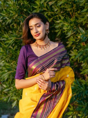 YELLOW & PURPLE- MYSORE SILK WITH PLAIN BODY & CONTRAST ZARI BORDER |  Mysore silk saree, Silk sarees, Silk