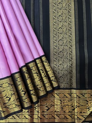 Banarasee Handwoven Semi Silk Saree With Contrast Border-White & Black