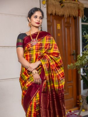 Check Silk saree | cotton silk saree | party wear | Evening Wear | Puja  saree | eBay