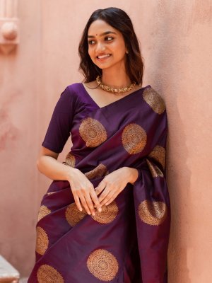 Peach and Purple color soft silk kanchipuram sarees with borderless sarees  design -KASS0000125