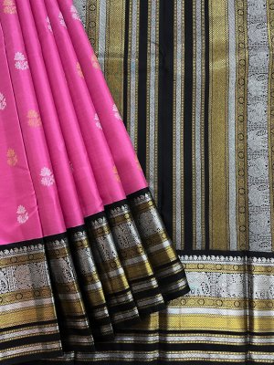 Handwoven Pink Kanjeevaram Silk Saree With Black Border