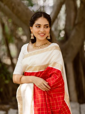 Buy LIBIN FAB Woven Kanjivaram Pure Silk Red, White Sarees Online @ Best  Price In India | Flipkart.com