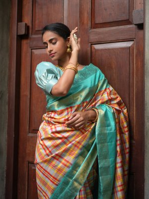 Handwoven Checked Kanjeevaram Silk Saree With Blue Border