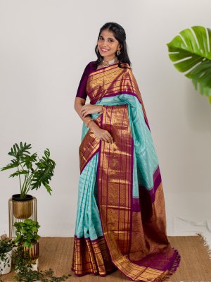 Royal Blue Kanjivaram Silk Saree with Gold Zari checks | Mirra Clothing