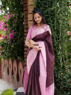 Domino Brown and Red Zari Woven Kanjivaram Saree – MySilkLove