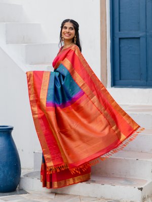 Beaming Blue Woven Kanjivaram Silk Saree – Zari Banaras