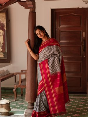 Combination of pure tassar silk and black semi silk saree with warli p –  Sujatra