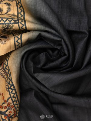 Black Tussar Silk Saree With Kantha Embroidery - Tulsi Weaves