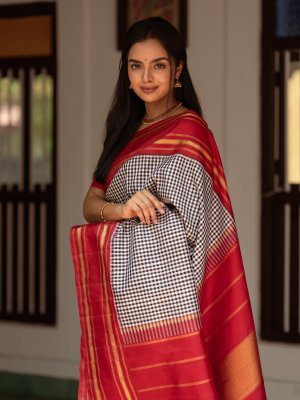 Party Wear Checked Work Black And White Saree – Amrutamfab