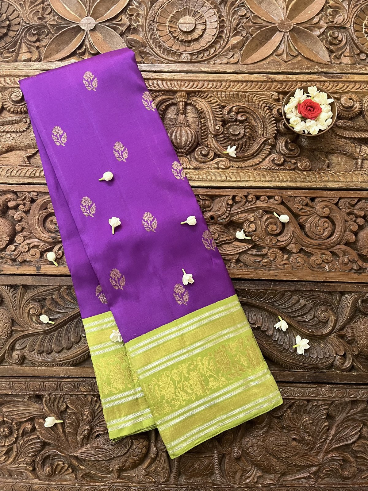 Handwoven Purple Kanjeevaram Silk Saree With Green Border