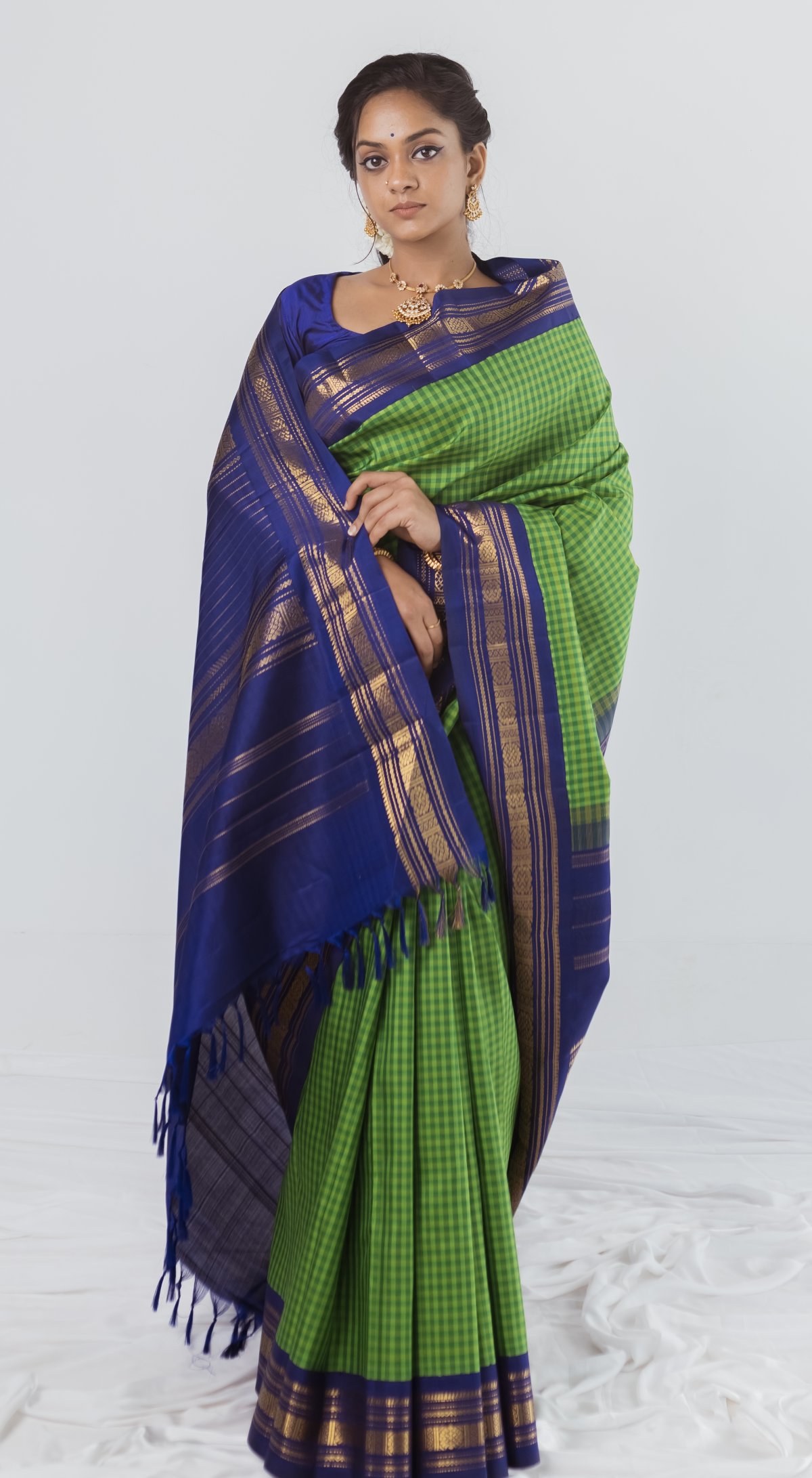 Green Kanjivaram Silk Saree With MS Blue Retta Pett Border