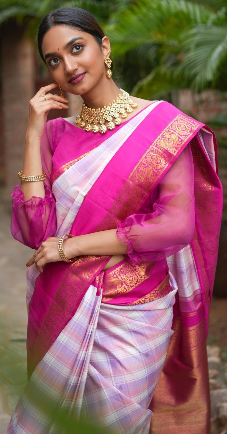 Checked Kanjeevaram Silk Saree With Dark Pink Border