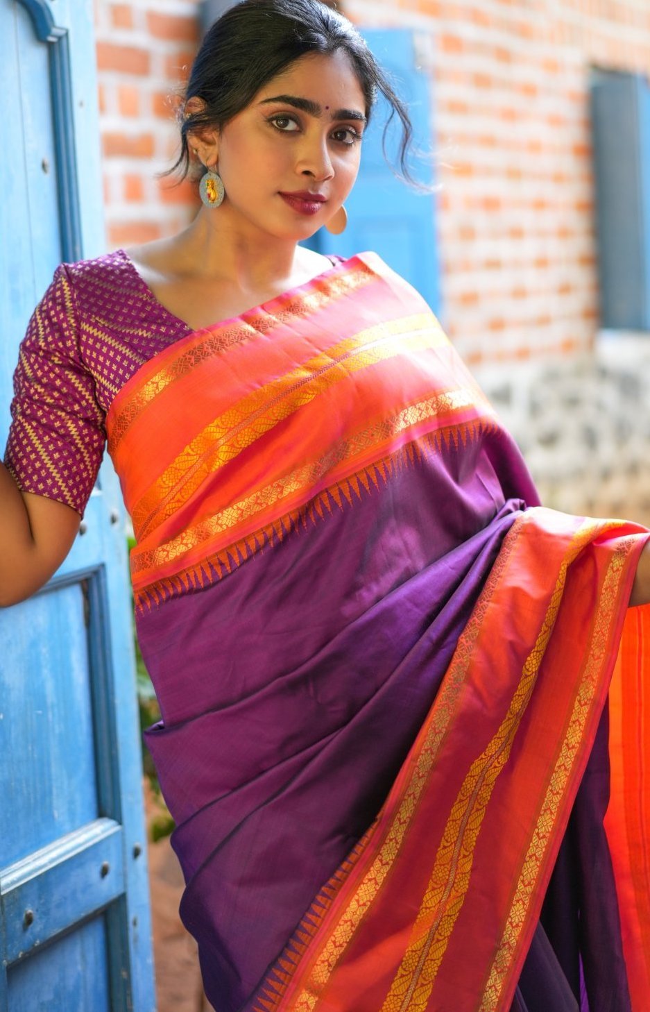 Purple Kanjeevaram Silk Saree With Orange-Pink Border