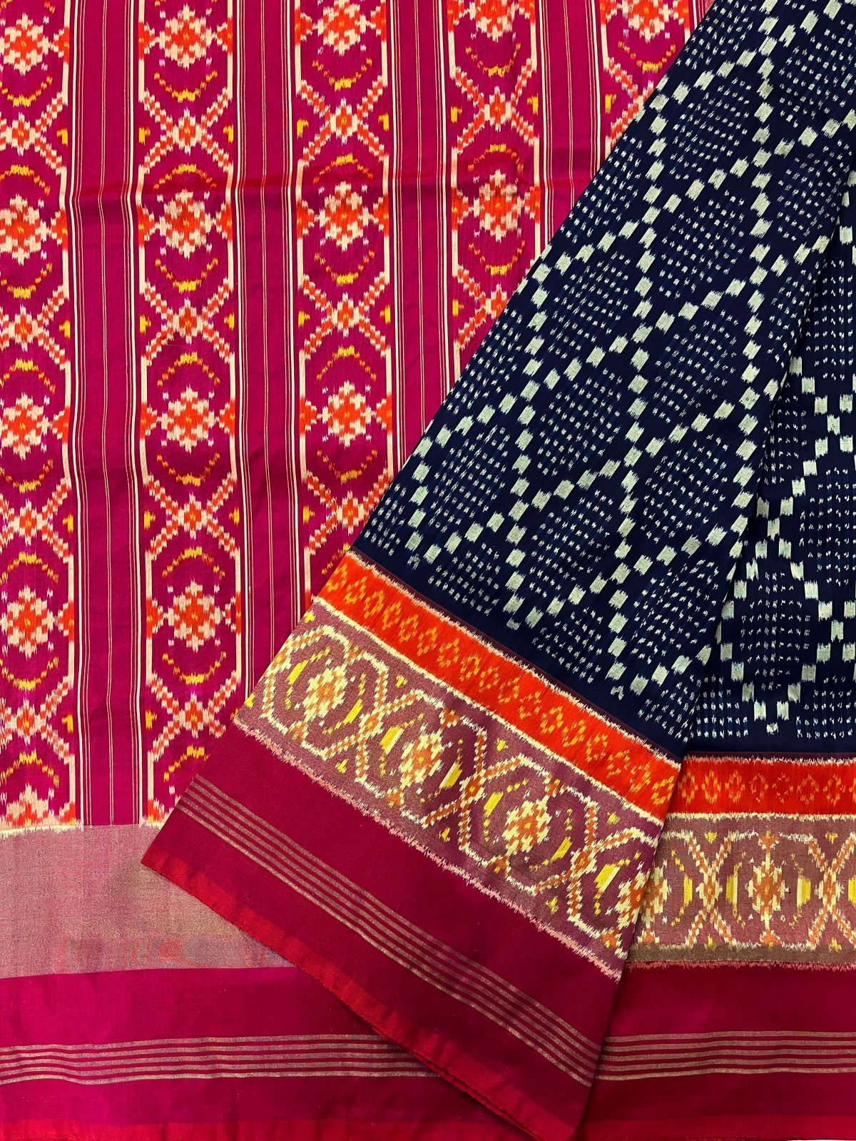 Blue Ikat Inspired Printed Bhagalpuri Silk Saree & Oxidsed Zari Border main image 0