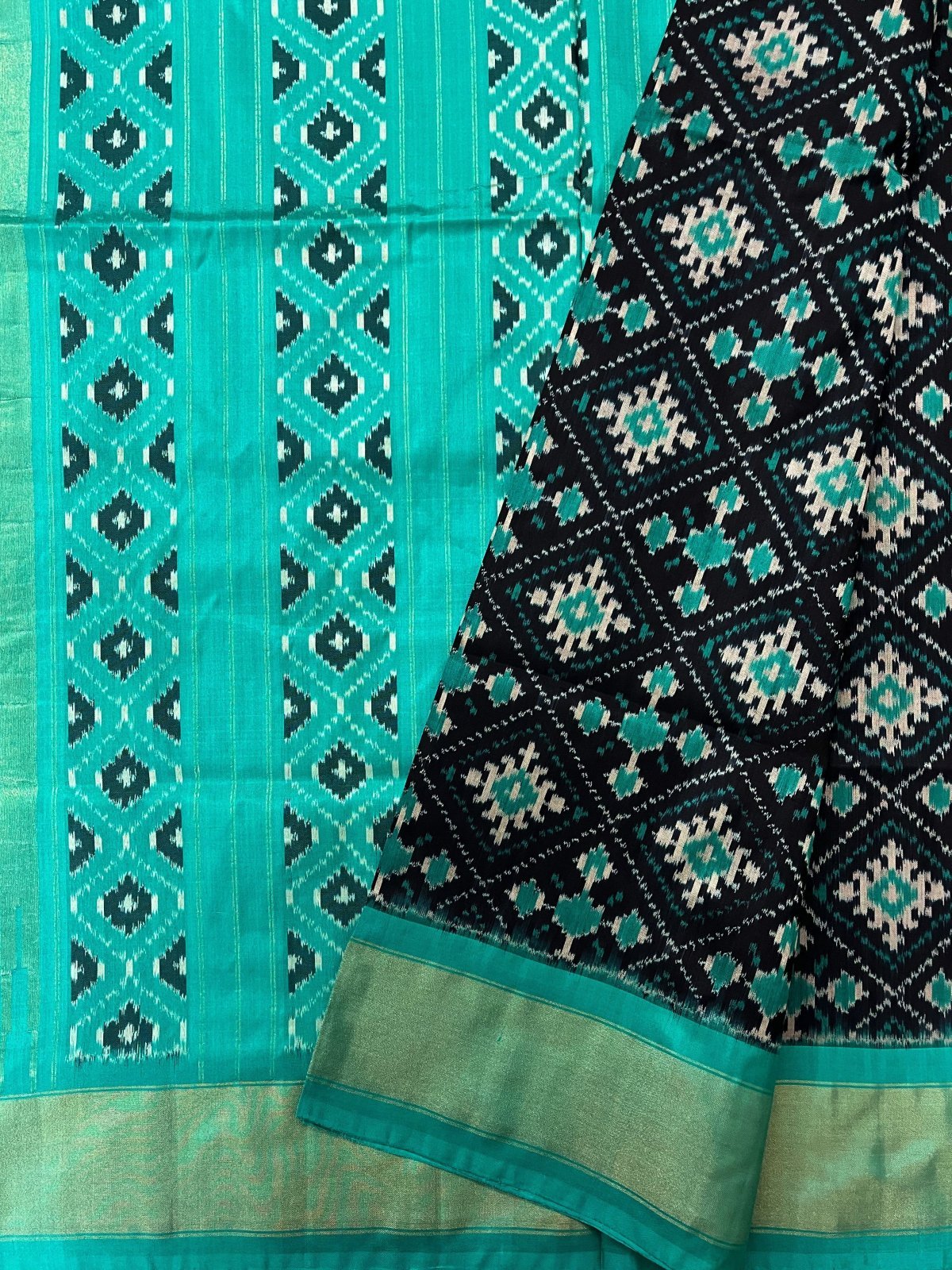 Handwoven Black Ikat Silk Saree With Turquoise Blue Border