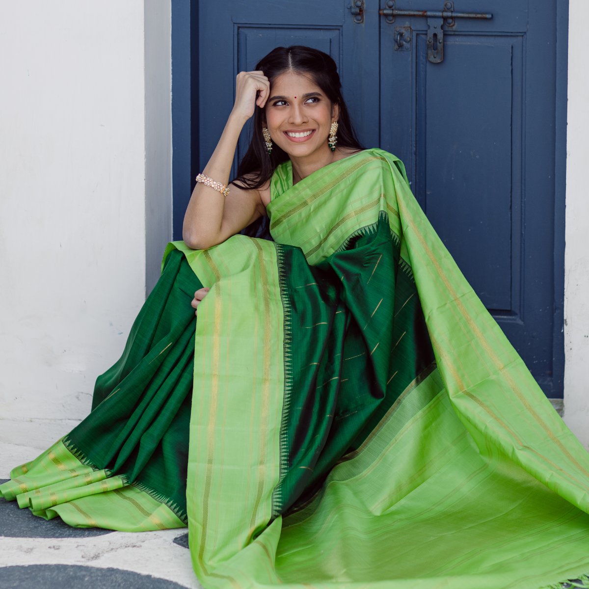 Bottle Green Kanjeevaram Silk Saree with Light Green Border - Tulsi Weaves