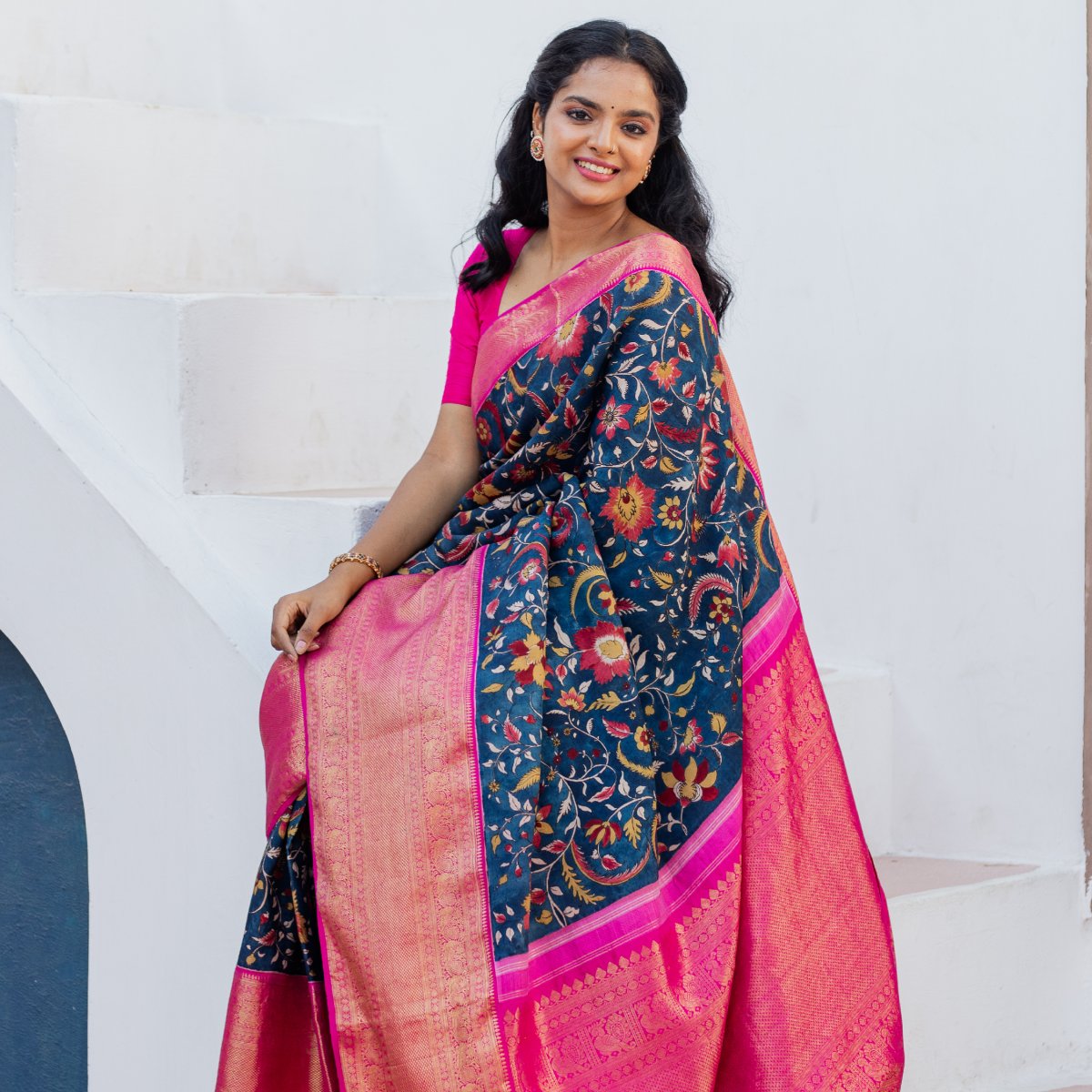 Hand-Painted Kalamkari Kanjeevaram Silk Saree With Pink Border