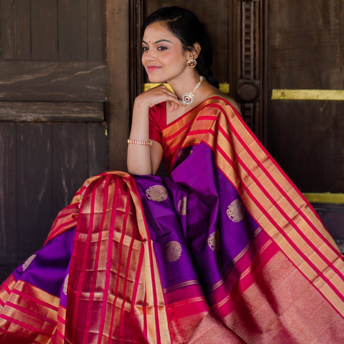 Purple Kanchipuram Silk Saree with Red Border - Tulsi Weaves
