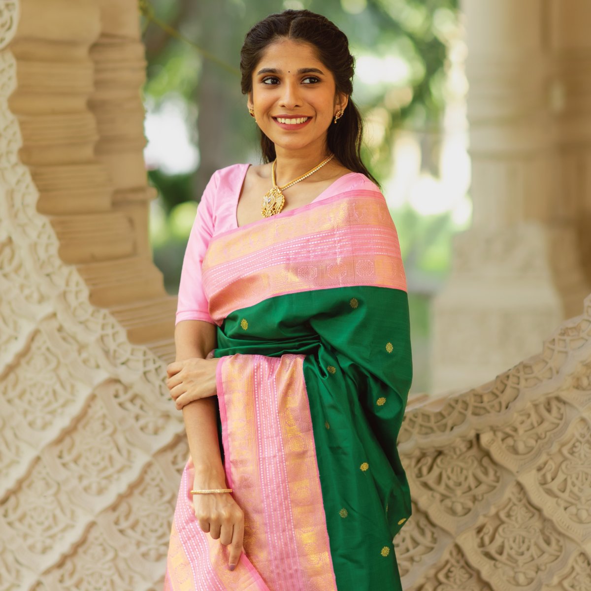 Green Kanjeevaram Silk Saree with Light Pink Border - Tulsi Weaves