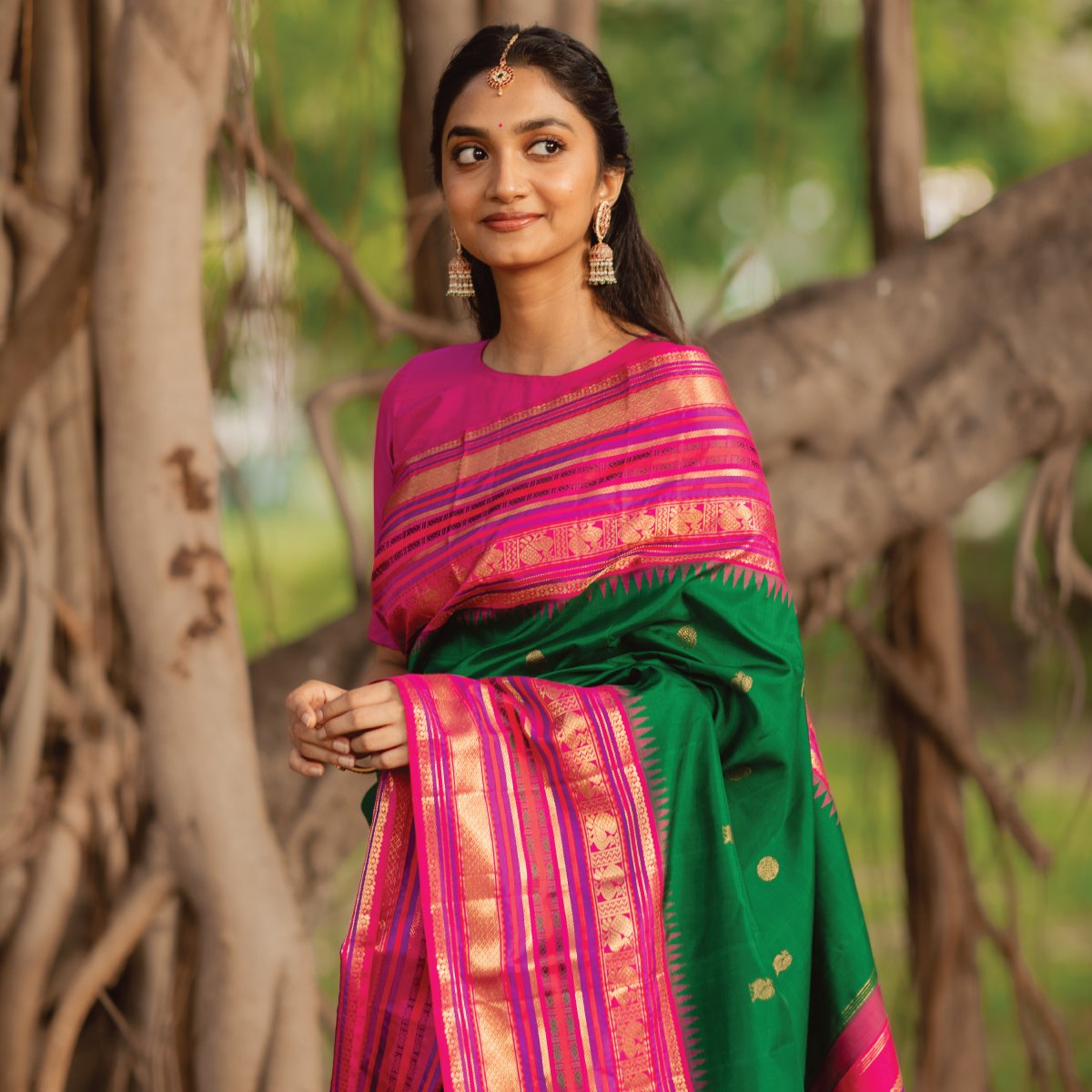 Green Kanjeevaram Silk Saree with Pink Border - Tulsi Weaves