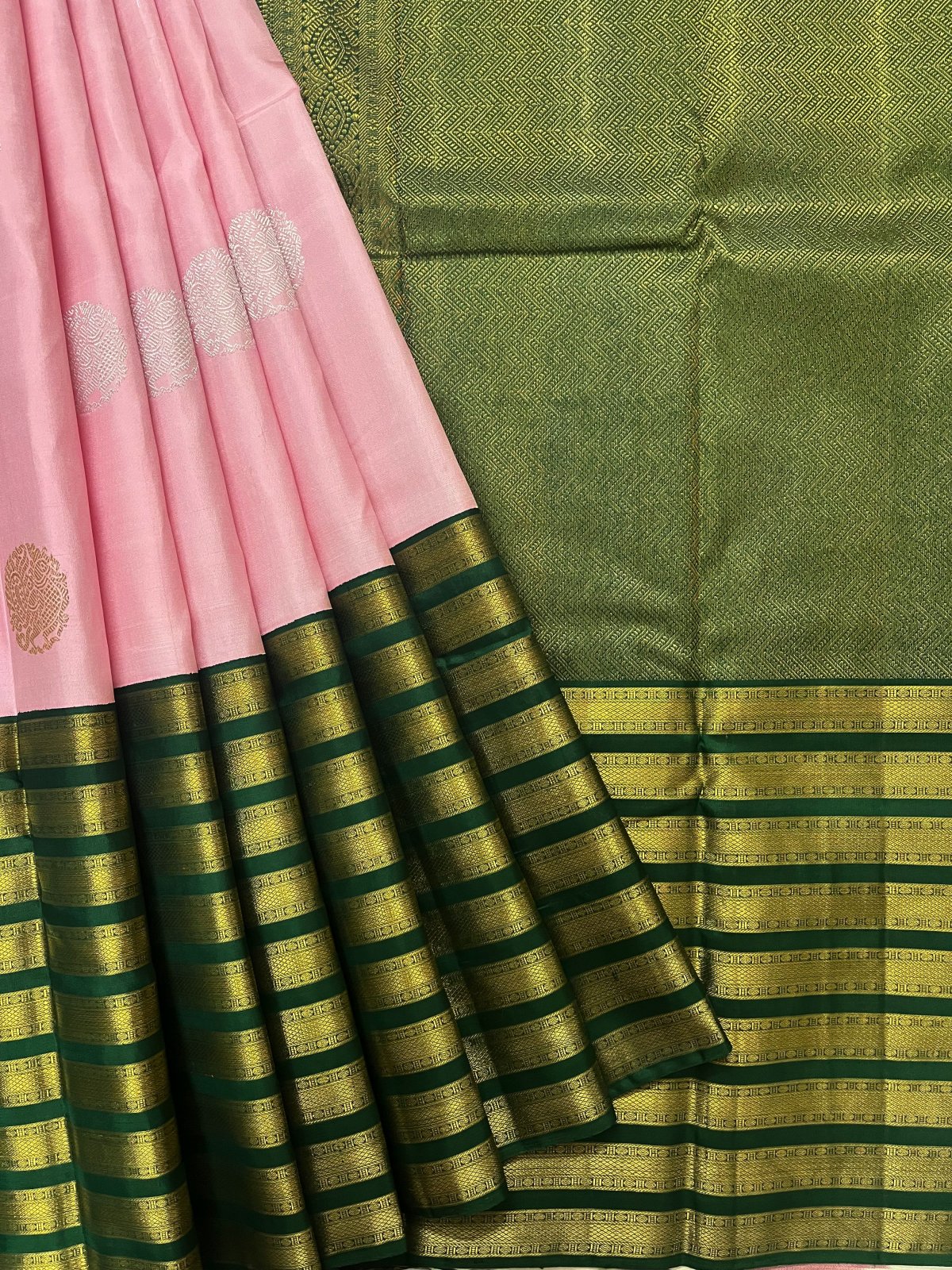 Baby Pink and Dark Green color silk sarees with zari border saree design  -SILK0001395