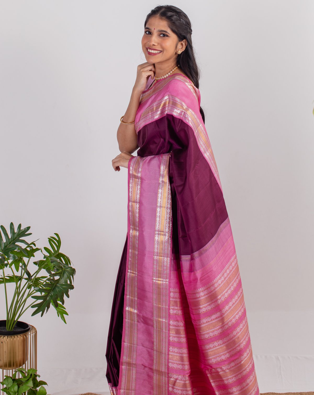 Brown Kanjeevaram Silk Saree with Light Pink Border and Brocade Blouse ...