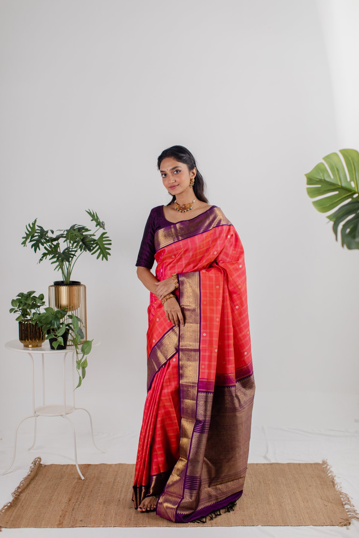 Checked Orange-Pink Kanjeevaram Silk Saree With Purple Border