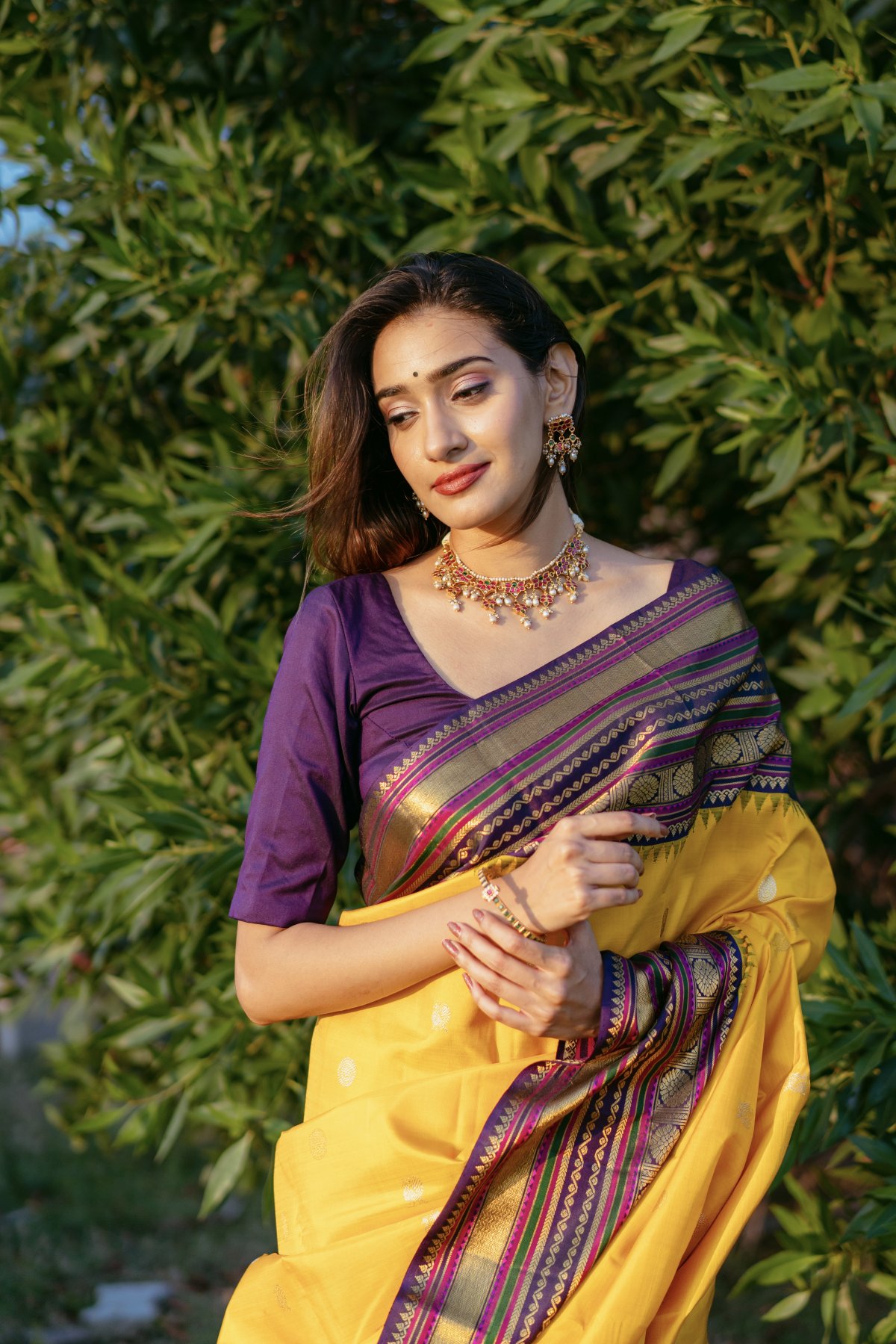 Purple with yellow Uppada plain sarees with big border