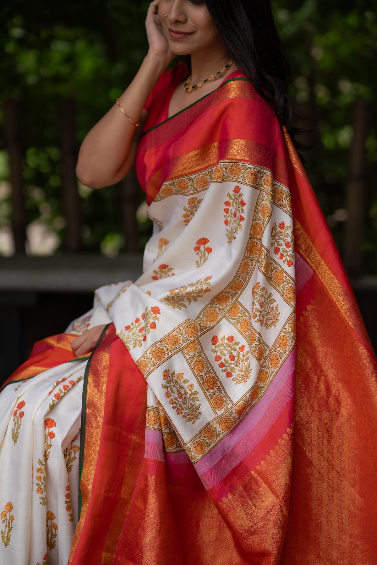 Ivory Floral Printed Silk Saree with Pink Border