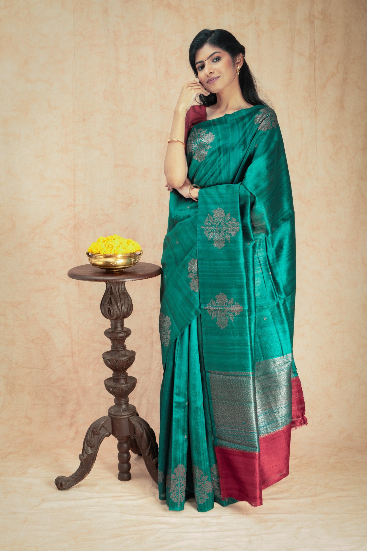 Women's Tussar Silk Green Printed Designer Saree With Blouse Piece