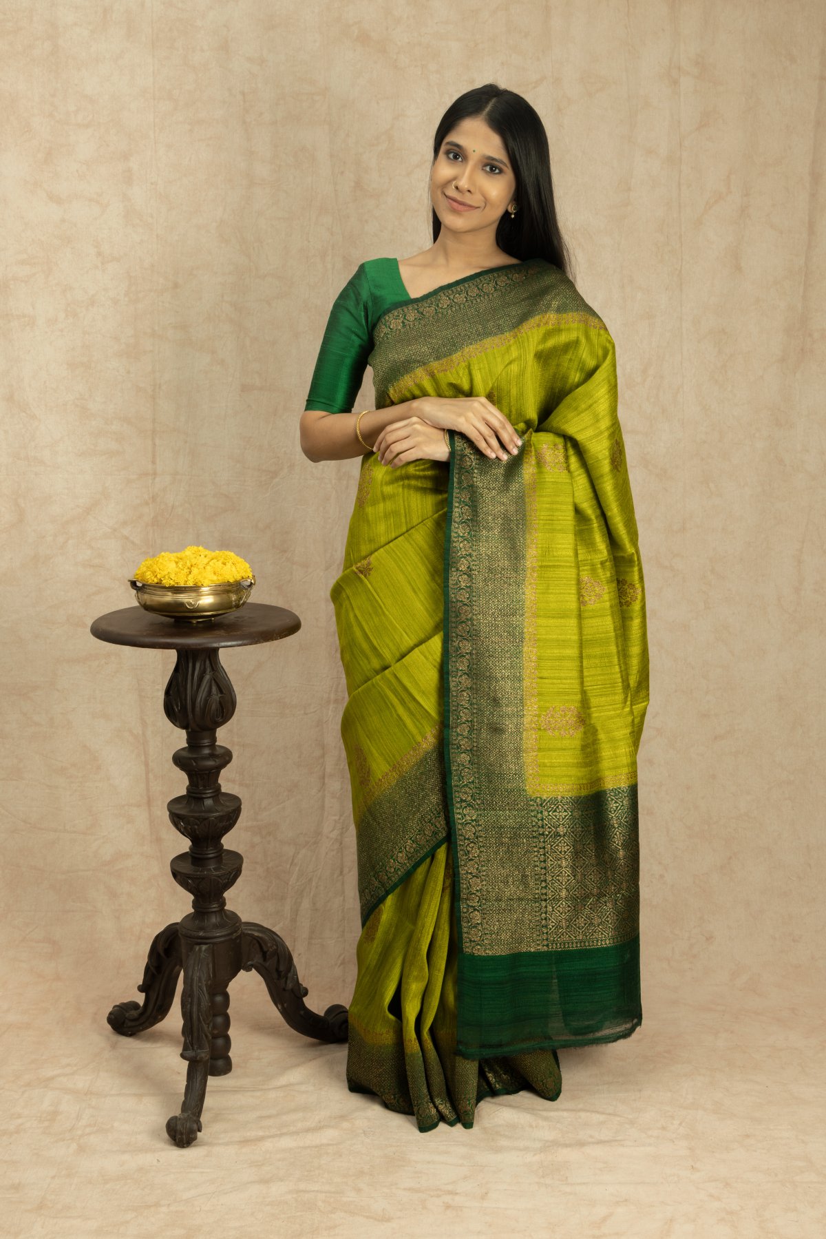 Light Green Tussar Banaras Saree With Dark Green Border
