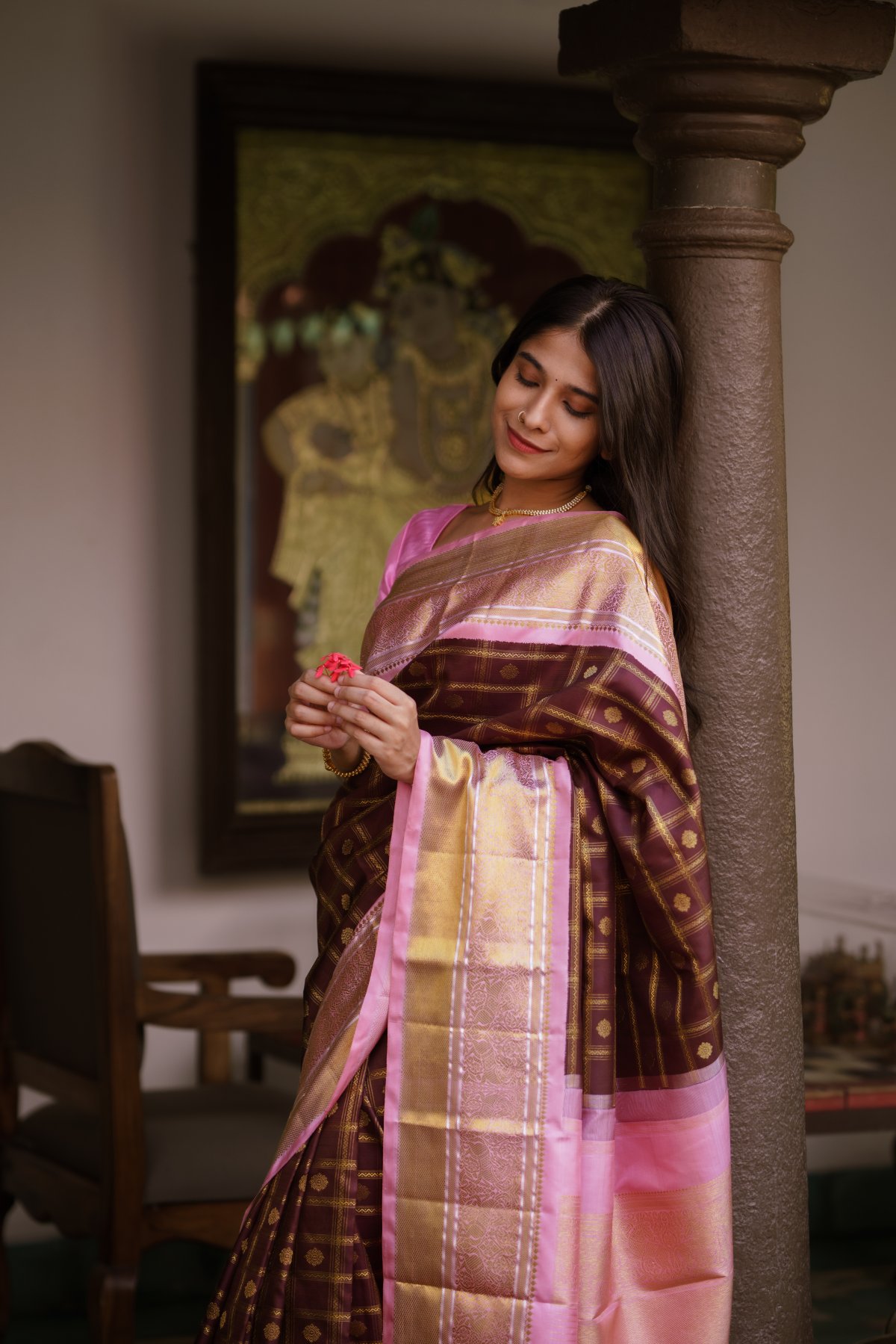 Brown - Dharwad Cotton Saree with Zari Border 17