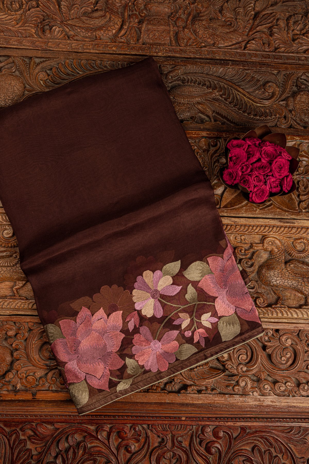 River Bed Color Organza Saree Embroidery Border with Readymade Blouse