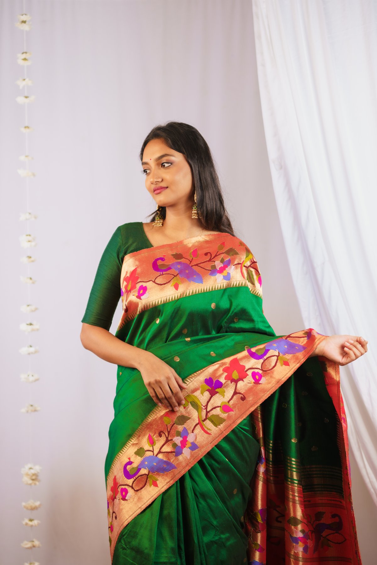 Bottle Green Paithani Silk Saree With Gold Tissue Border