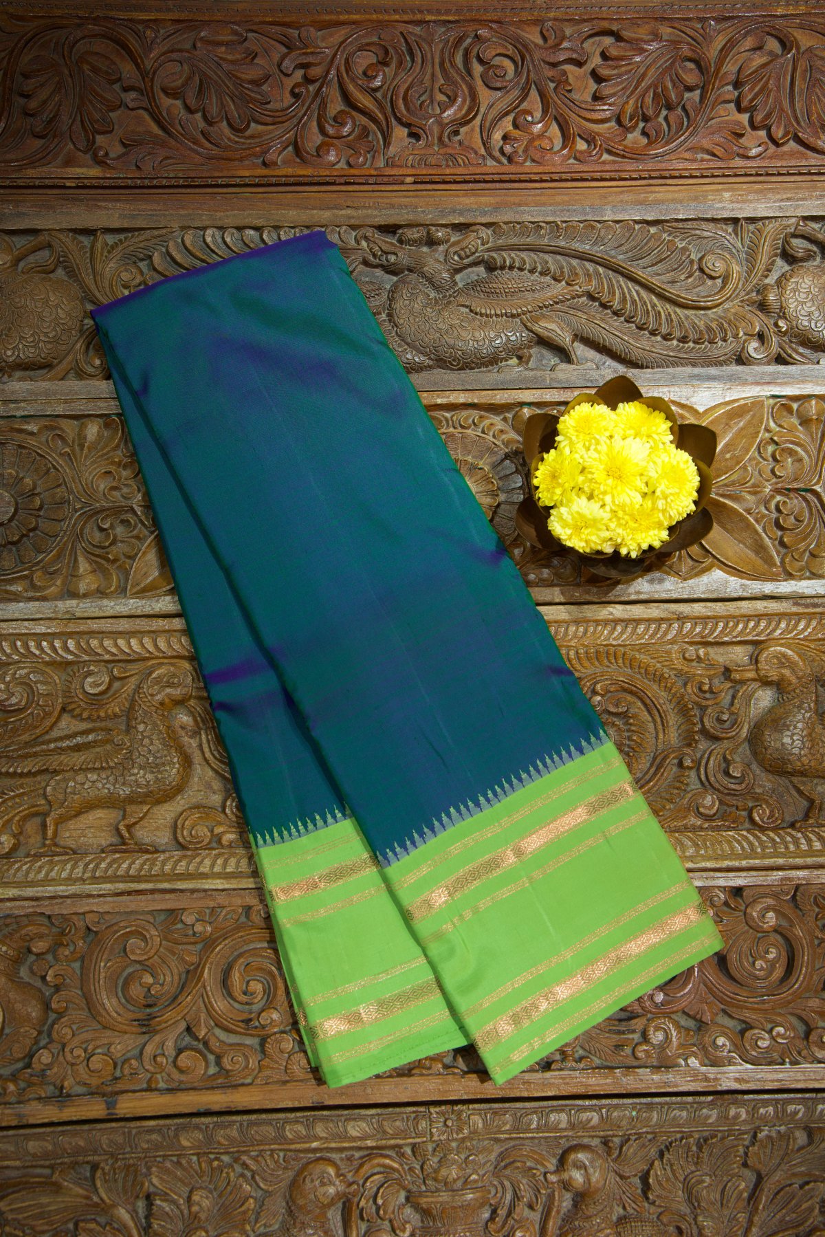 Peacock Blue Kanjeevaram Silk Saree With Light Green Zari Border