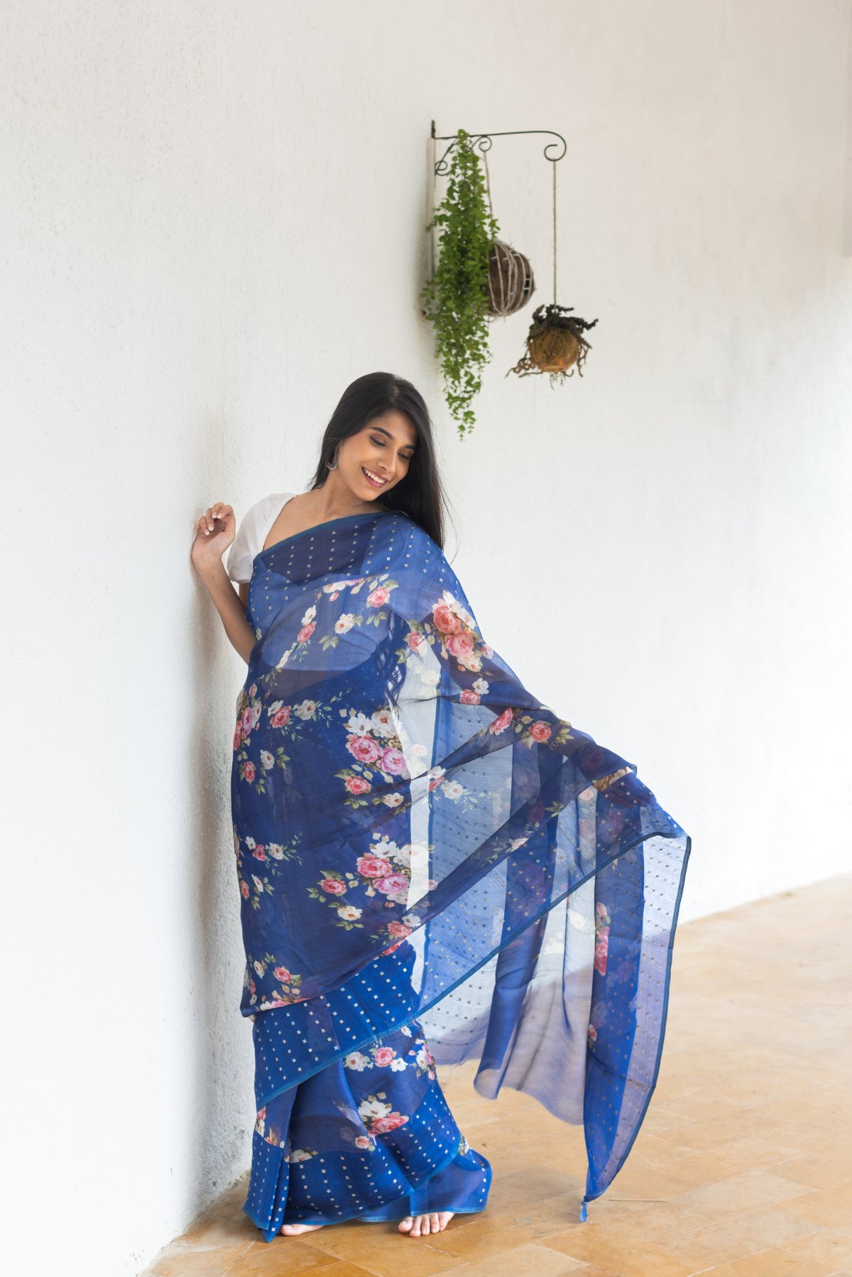 Navy Blue Organza Silk Saree With Floral Embroidery And Cutwork main image 0