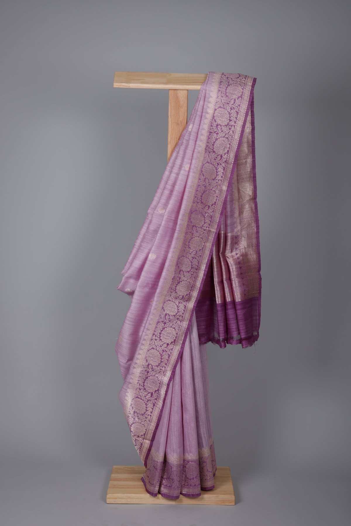 Pale Lavender Color Half Tussar Differnt Pallu Saree With Contrast Matching Blouse
