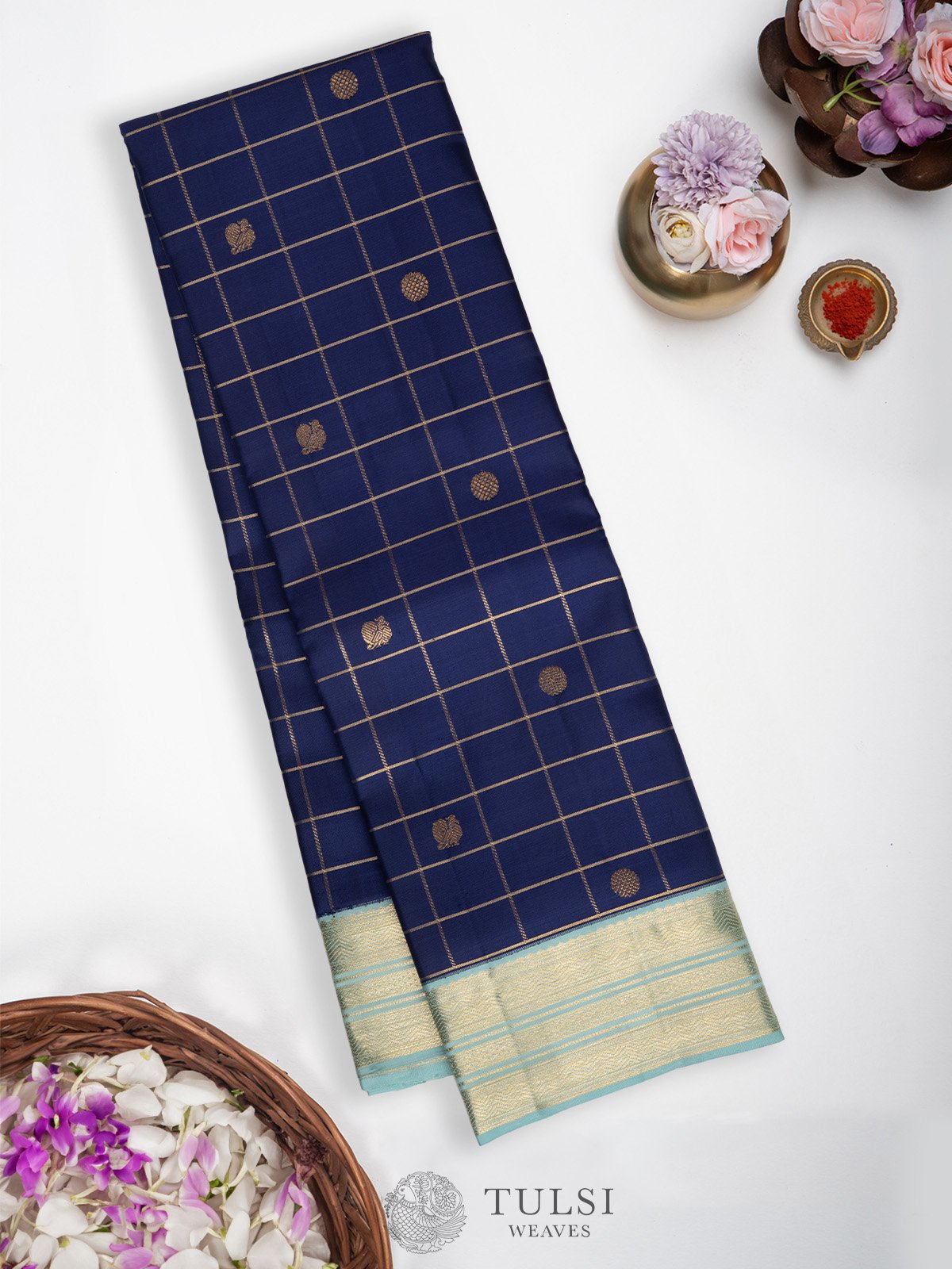 Women Blue Kanjeevaram Silk Digital Print Saree With Unstitched Blouse