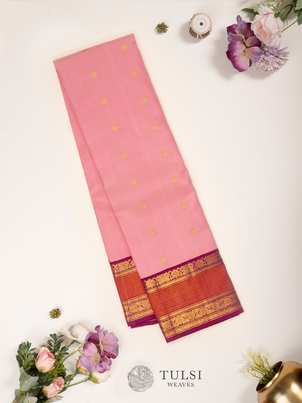 Women's Kanjeevaram Silk Pink Woven Design Designer Saree With Blouse Piece