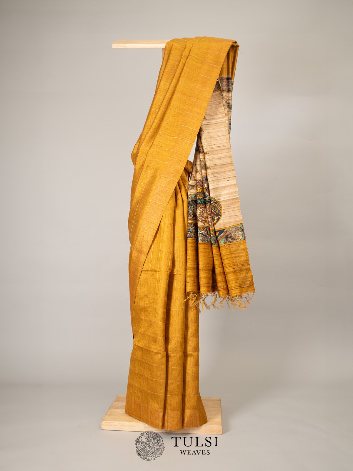 Silkmark Tussar Gleaming Blockprint Yellow & Purple Saree