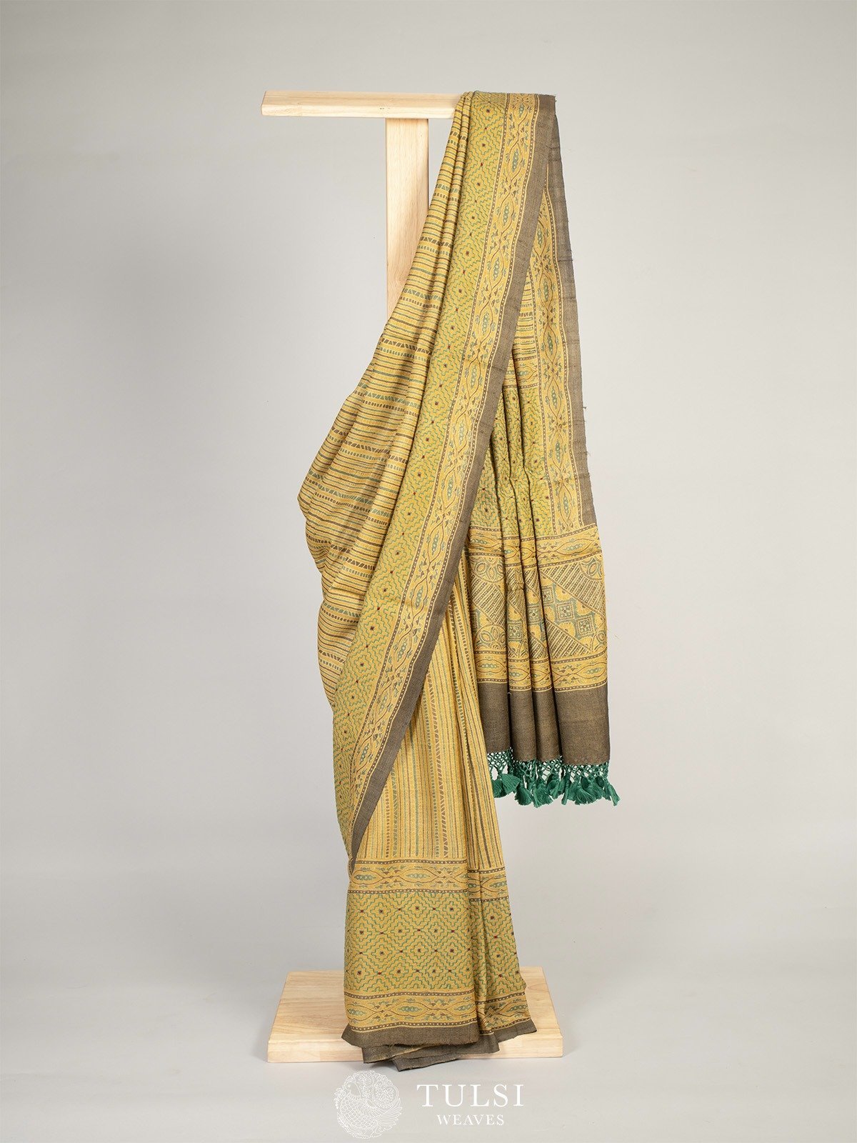 Eri Tussar Striped Green & Mustard Saree