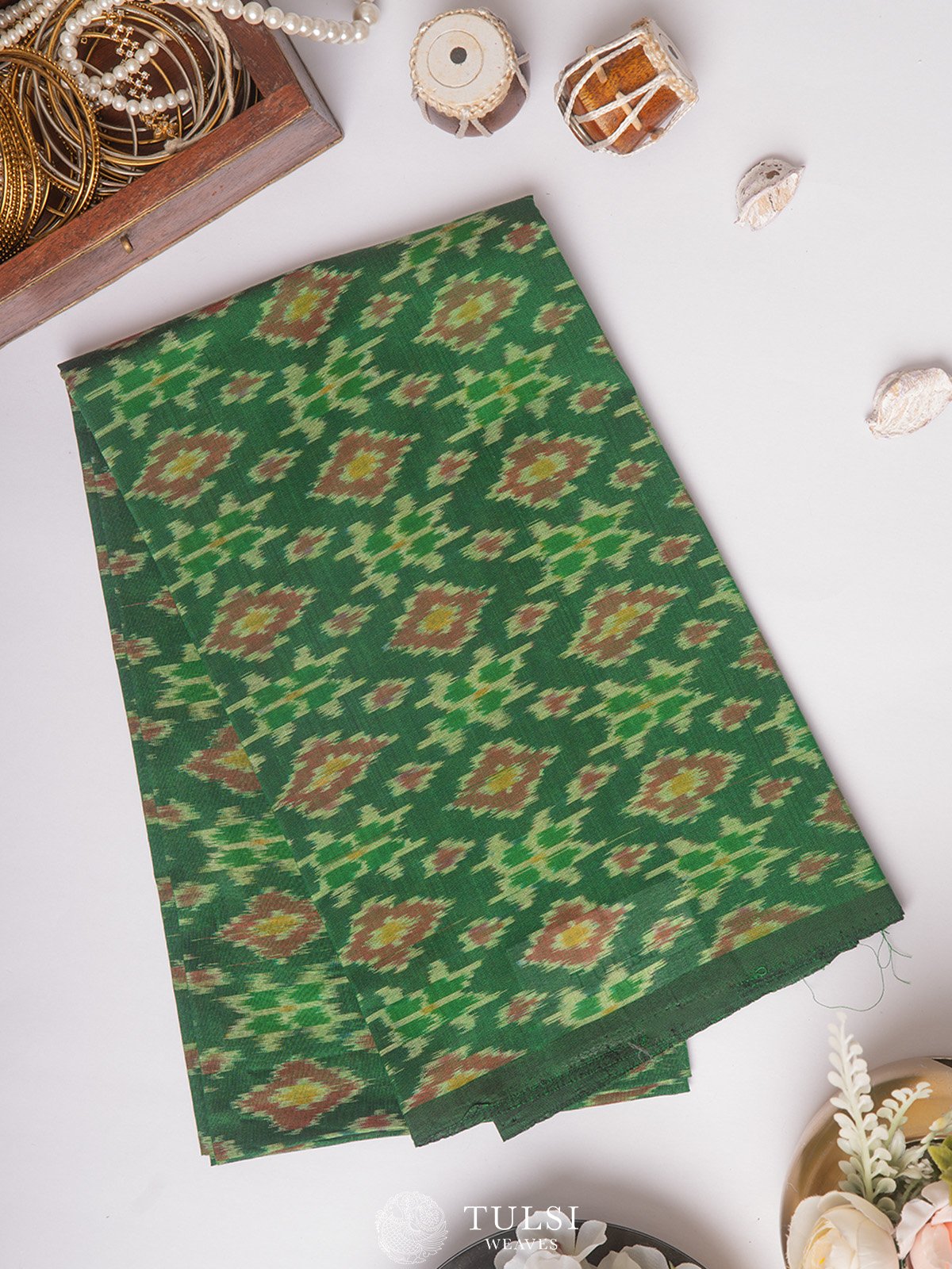 Ikat cotton dupatta green and mango yellow with allover ikat weaves main image 1