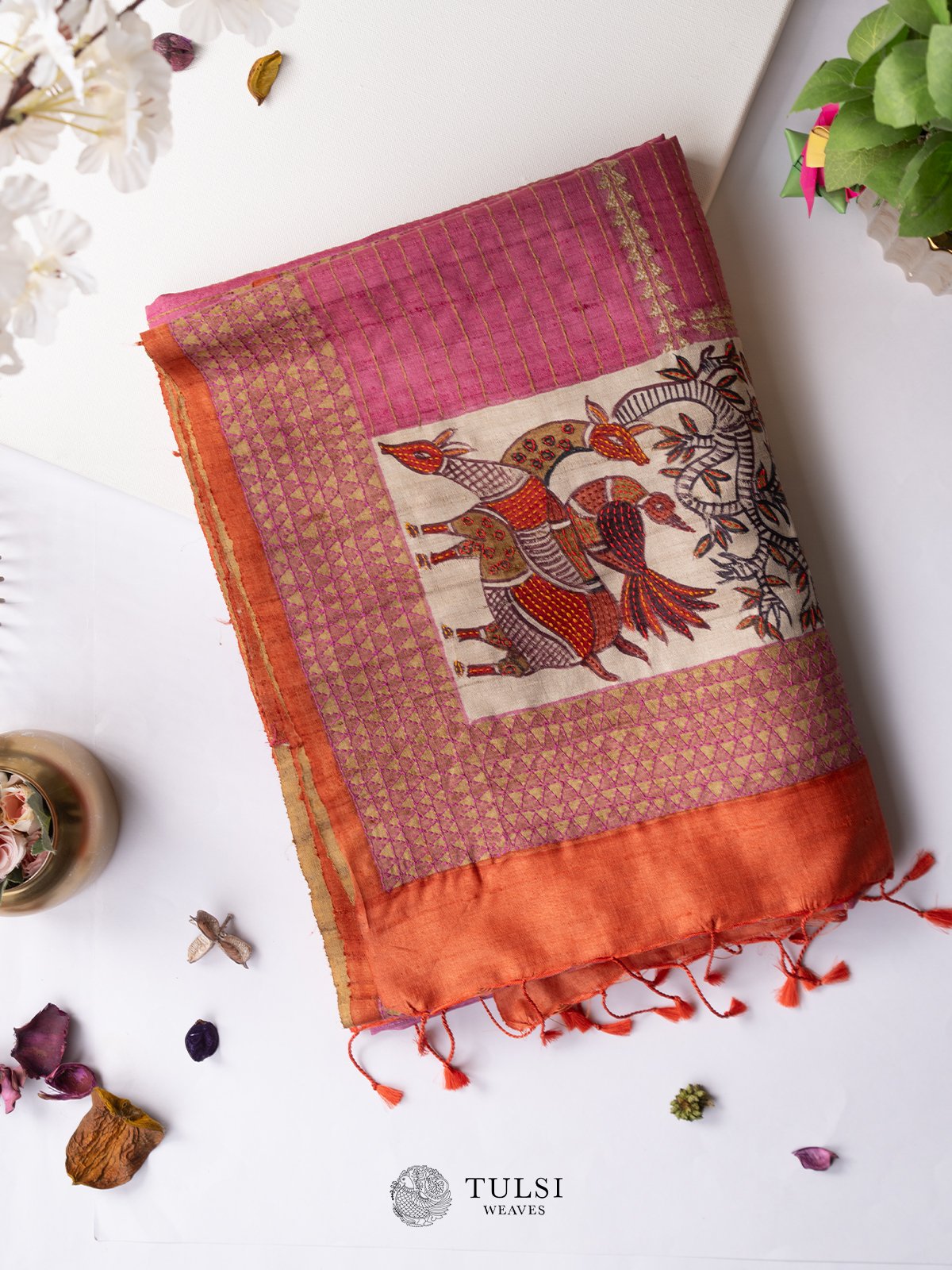 Pink Tussar Silk Saree Enthralled with Ikkat-Style Chevron Stripes Printed All Over Its Body, Complemented by Contrast Border, Pallu Printed with Ikkat Designs, and Paired with a Contrast Blouse